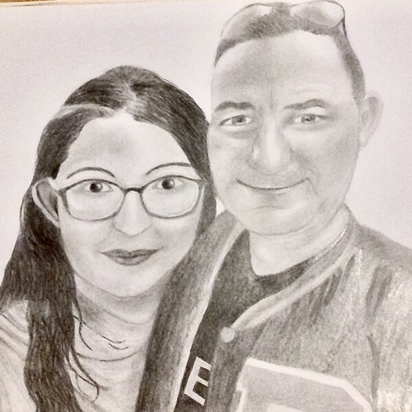 „Portret taty i córki”; tech.: ołówek