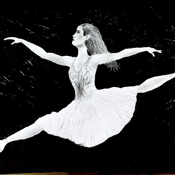 „Baletnica w locie”; tech.: ołówek + tusz