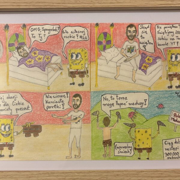 „Przygoda Pisarskiego na jubileusz kanału”; tech.: ołówek + kredki